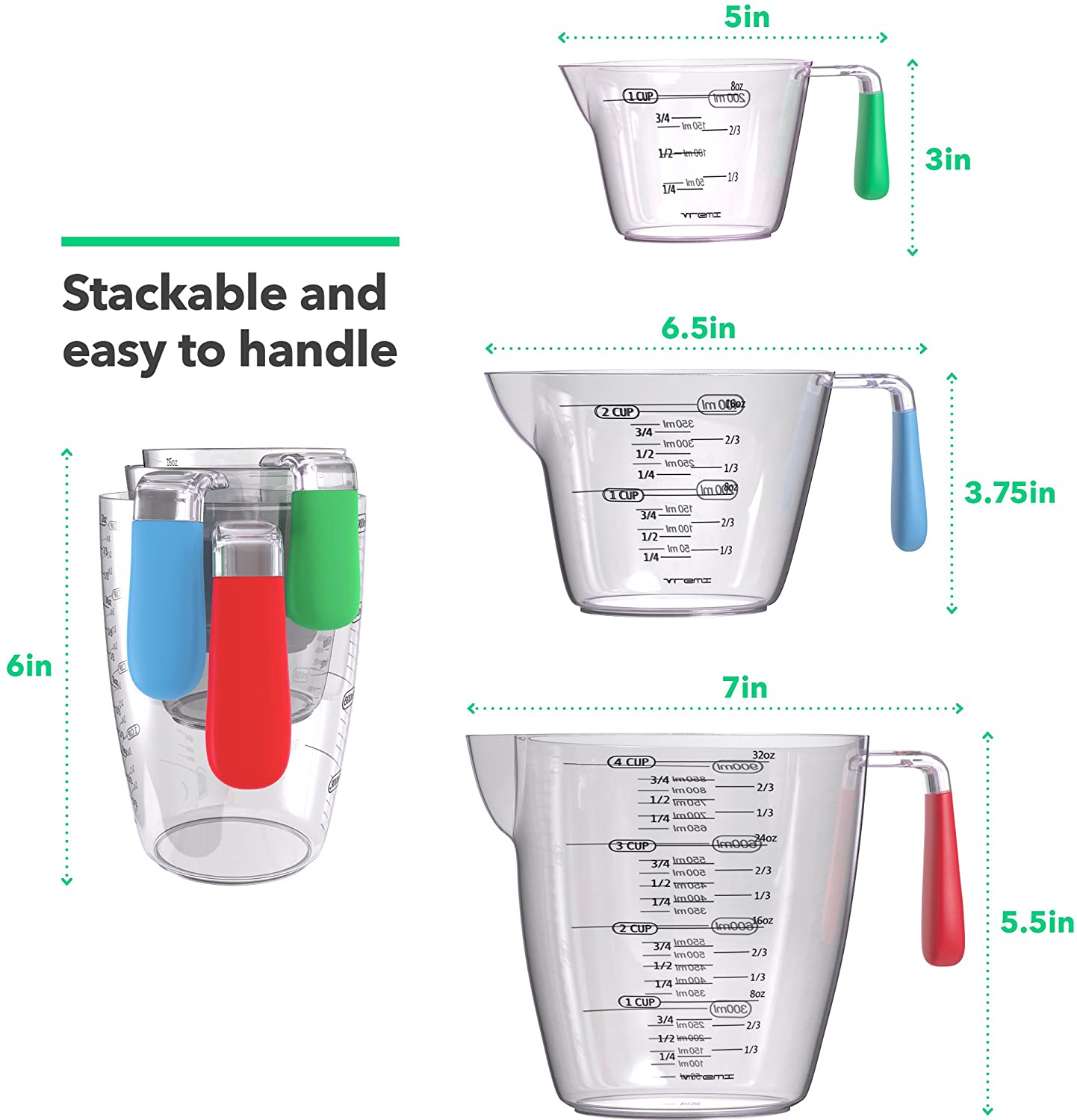 3 Piece Measuring Cups Set Stackable BPA-Free Plastic Liquid Measuring Cups with Handle and Measurement for Cooking Baking